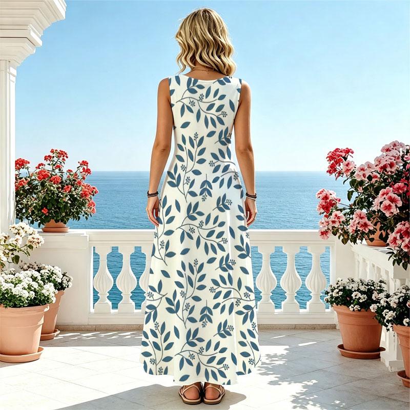 U-Neck Sleeveless Maxi Dress with Simple Leaf Pattern,Lightweight Flowy Casual Dress for Beach Vacation,Daily Wear,Spring Autumn Innerwear