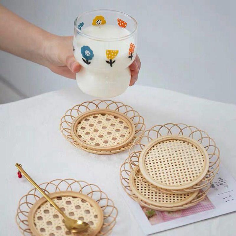 Handmade Rattan Woven Tea Trays Laciness Cup Holder