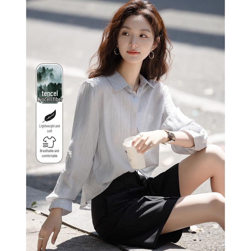 DeMana Women s Lyocell Blend Lapel Long Sleeve Shirt M