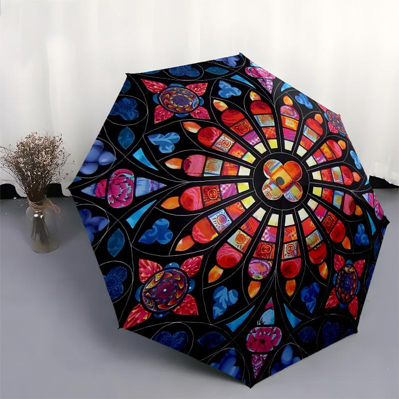 1pc Stained Glass Bird Design Automatic Folding Umbrella, Portable 3-Fold Design with 8-Bone Iron Frame, Outdoor, Festive Gift for Fans, Travelers, Da