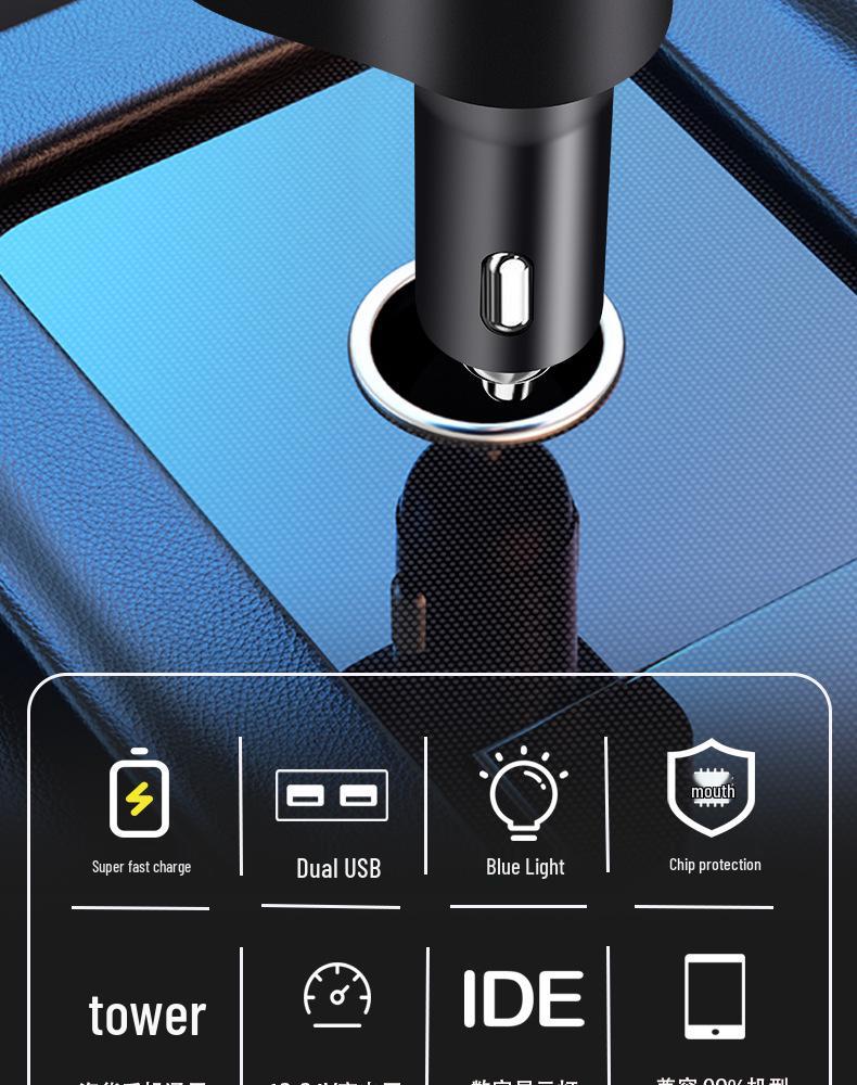 100W Dual USB Car Charger with Digital Display and One-to-Two Extension