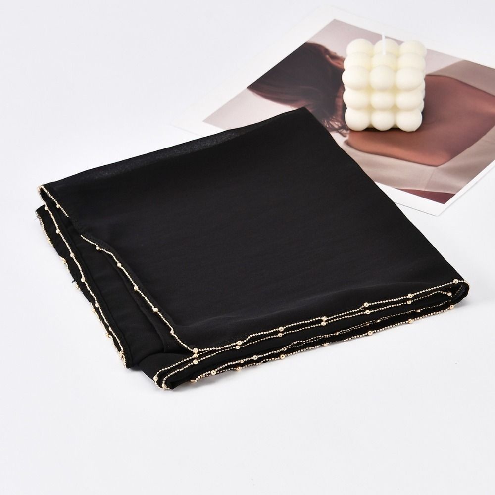 Fashion Bead Chain Chiffon Scarves Shawl Outdoor Windproof Head Wrap Chiffon Hijab Veil Solid Color Women Sunscreen Headscarf