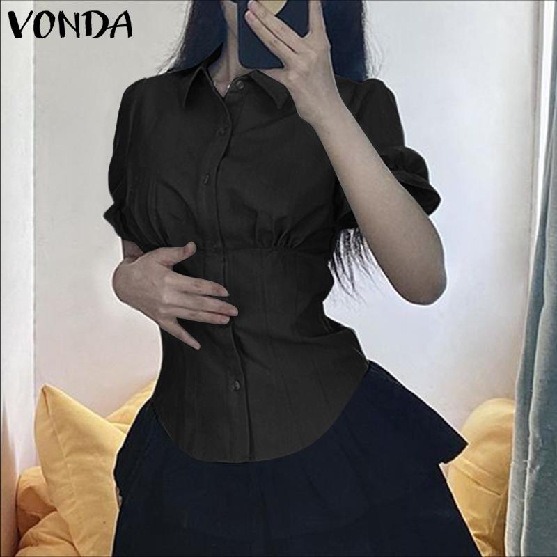 VONDA Women Turn-down Collar Short Sleeve Slim Waist Casual Short Blouse
