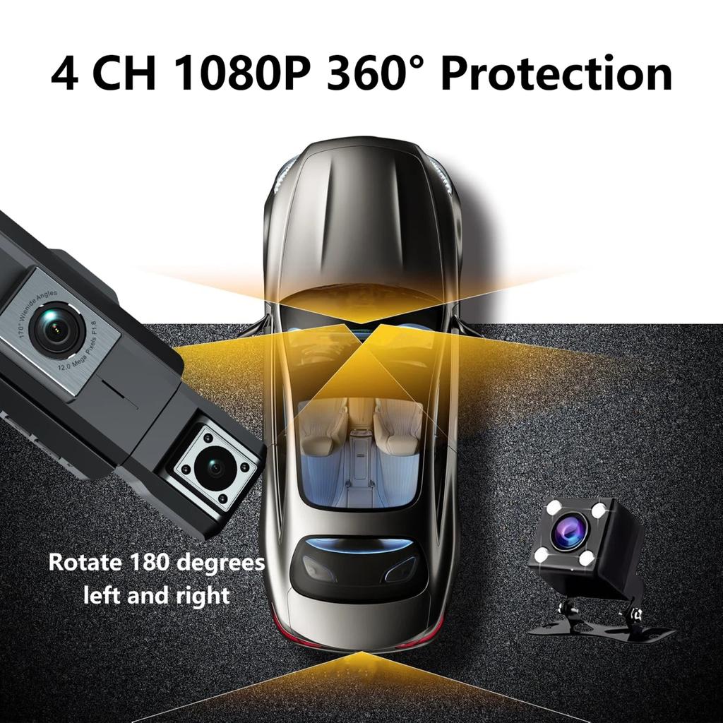 1080P Quad Dash Cam, 4-Channel 4-Screen Display, WiFi, Phone Sync, Rear View, Night Vision, Wide Angle