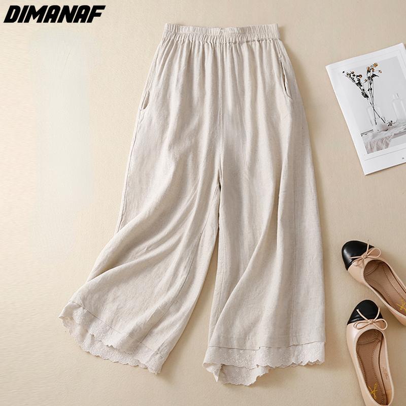 

DIMANAF 2022 Большие размеры, осенние льняные женские шаровары, широкие брюки, кружевные брюки, свободные повседневные женские серые брюки, брюки оверсайз XL чёрный