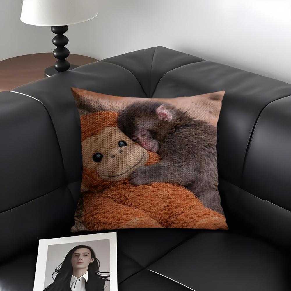 Punch Monkey Cute Cushion Cover Natural Linen Organic Fabric Double-Sided Printing Sofa Home Decor Gift Pillow Case