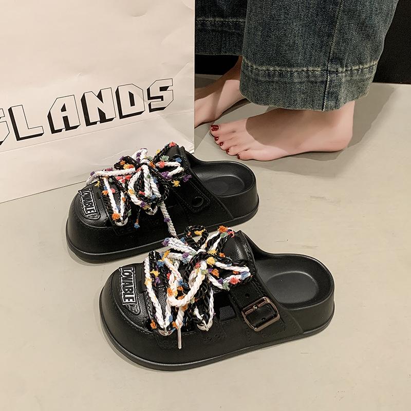

Niche personalized straps thick-soled hole shoes for women s new summer baotou drag non-slip casual cool slippers outside 40-41 чёрный