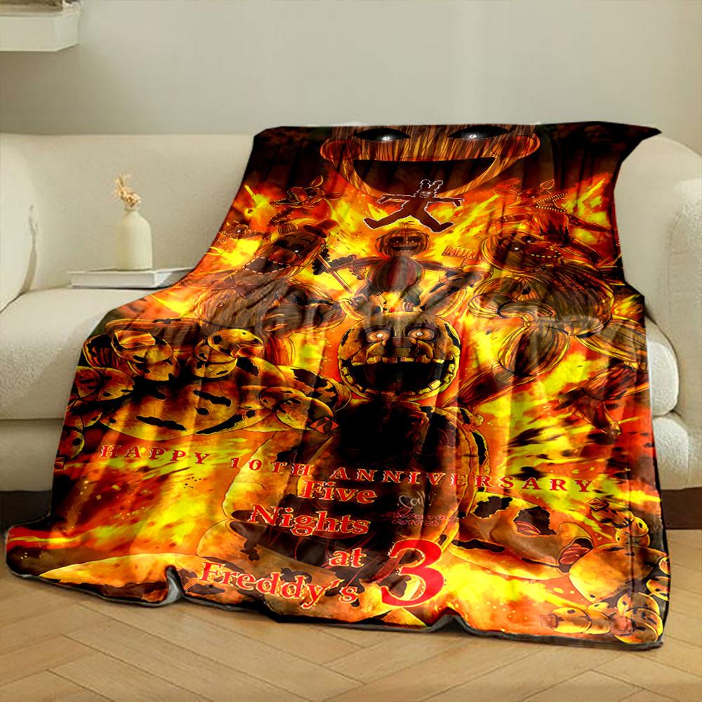 Burning animatronics surrounded by fire and chaos dominate the composition. for all seasons blanket lunch break throw gift