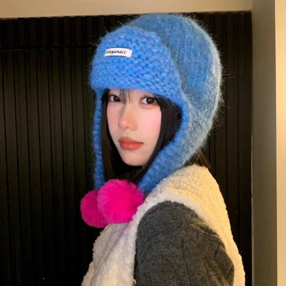 Sweet Women Knitted Cap Fluffy Pom-pom Ear Protection Caps Trendy Warm Beanie Hats  Outdoor