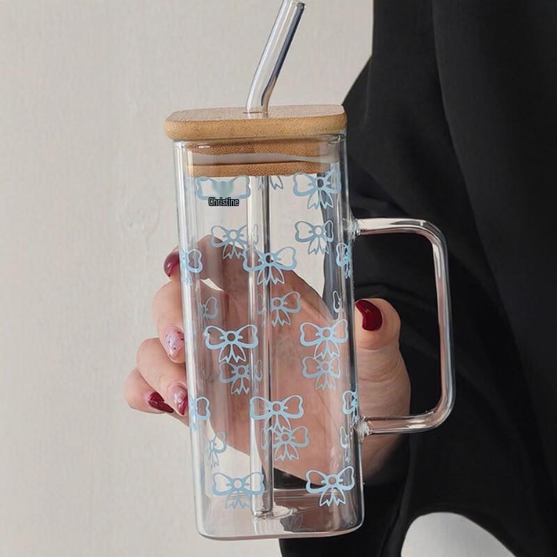 Shangqi Dívčí Růžová S Mašlí Skleněná Láhev na Vodu se Slamkou