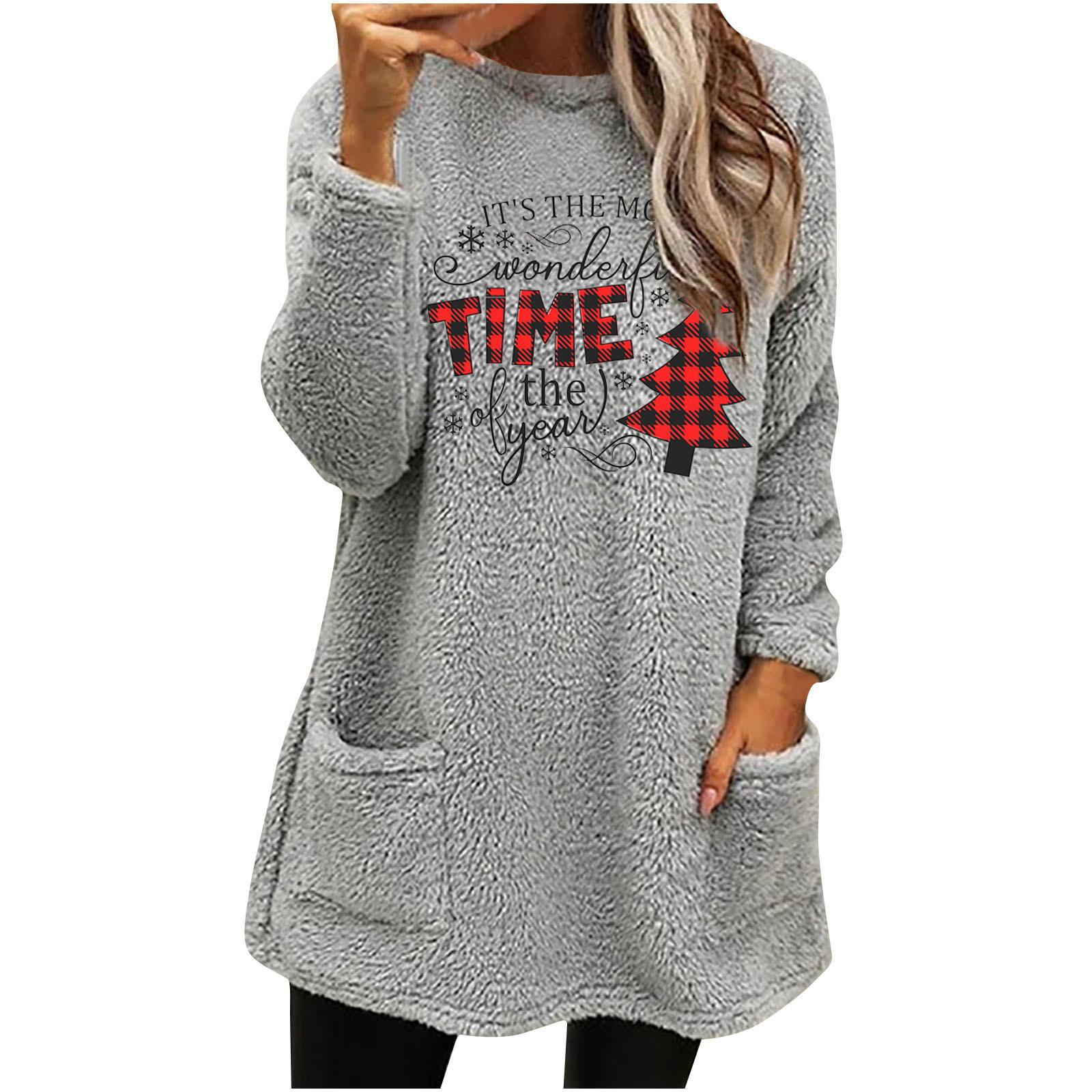 Women s Christmas Tree Letter Print Round Neck Loose Long Sleeve Pocket Plush Sweatshirt S