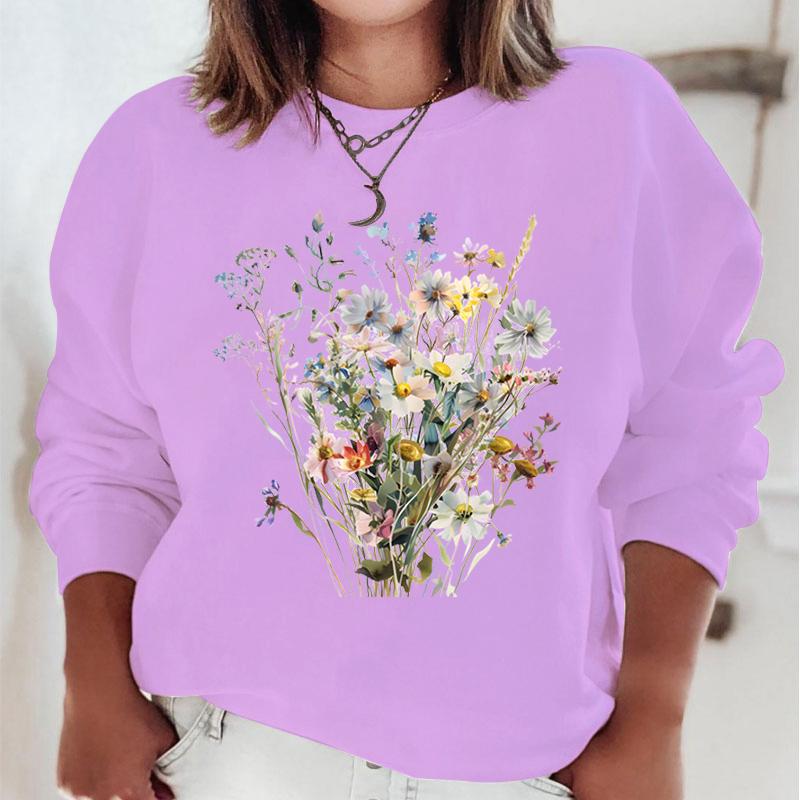 New Flower Hoodies Women Floral Oil Painting Y2K Sudaderas Long Sleeve Round Neck Vintage Boho Wild Flower Woman Sweatshirts