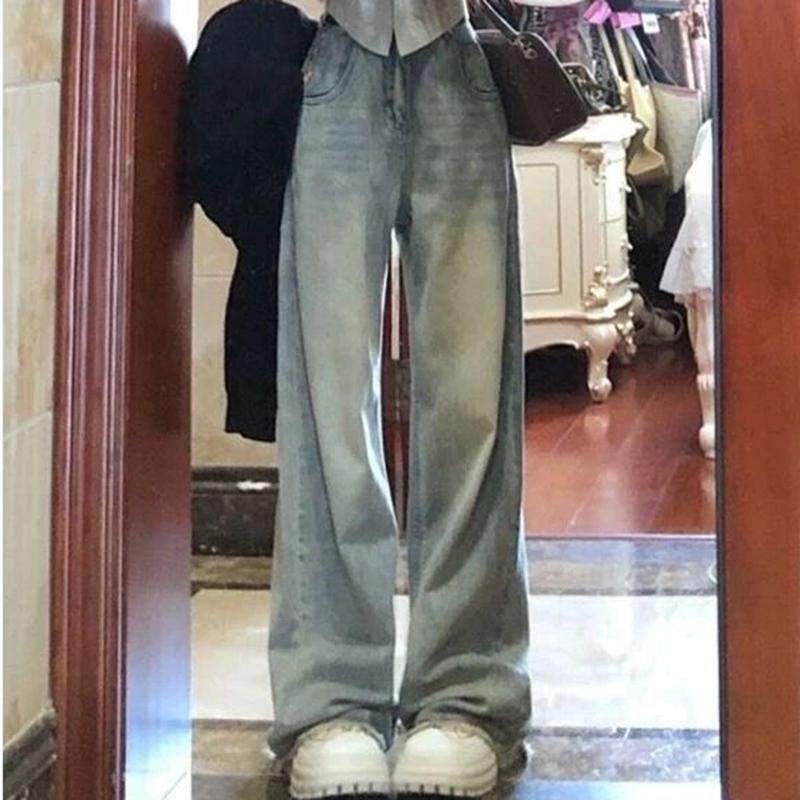

Женские свободные расклешенные джинсы с высокой талией в стиле ретро, ​​женские дизайнерские мешковатые широкие брюки, корейская версия, джинсовые синие брюки с необработанными краями 5XL светло-синий
