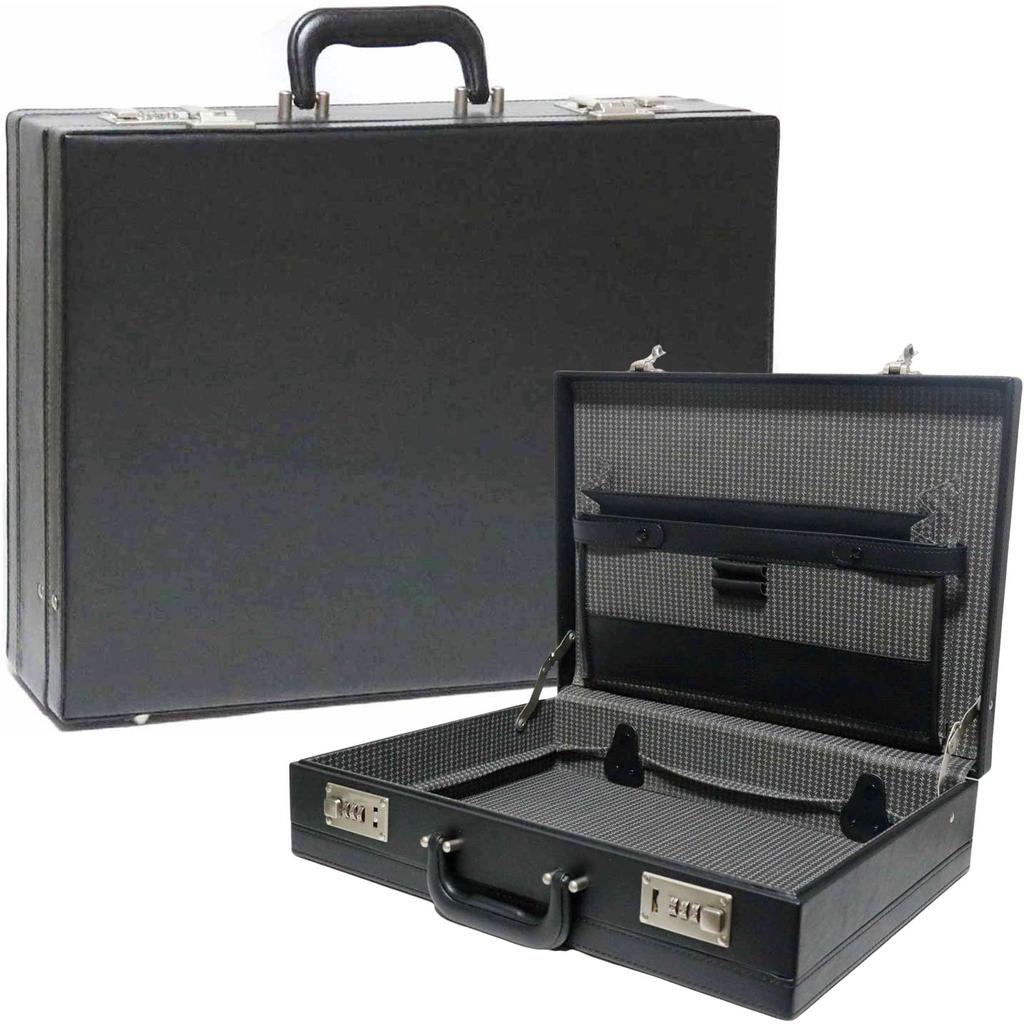 Bercute Schwarzer Aktenkoffer, A4B4 Größe, Sicherheitskoffer, Leder, Hartschloss, Zahlenschloss, Businesstasche, PC-Computertasche, Dokumentenaufbewahrung, Leichtgewicht,