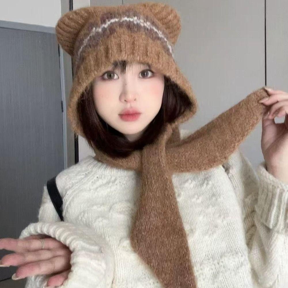 Ethnic Style Jacquard Knitted Hat Fair Isle Style Printing Knit Cap Cute Bear Ears Beanies  Outdoor