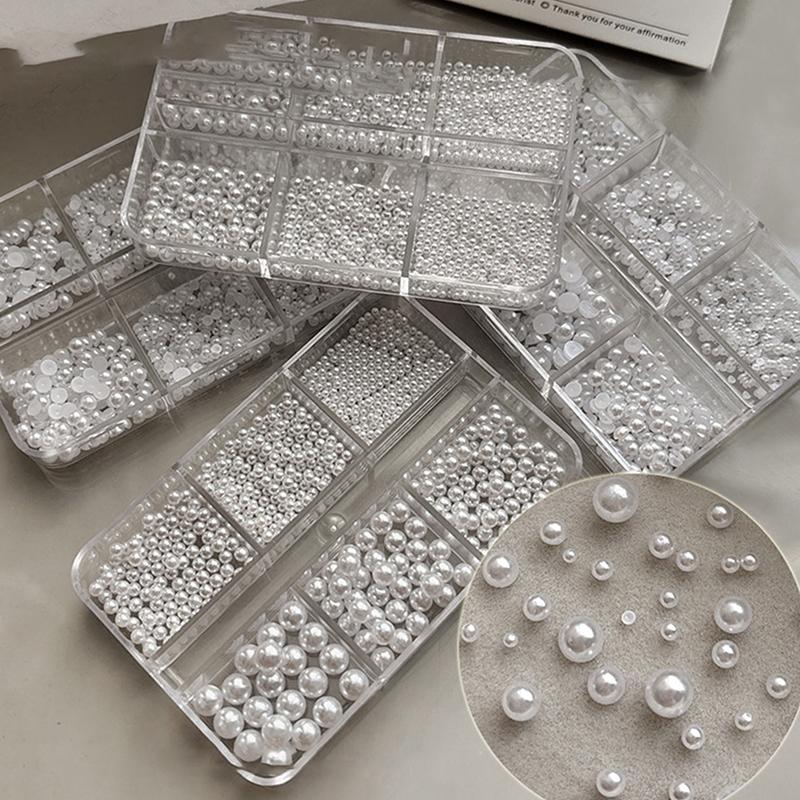 6 Grids Round White Pearls Nail Beads Nail Charms Caviar Beads Nail Jewels Half Round Pearl Gems Diy Nail Art Decor