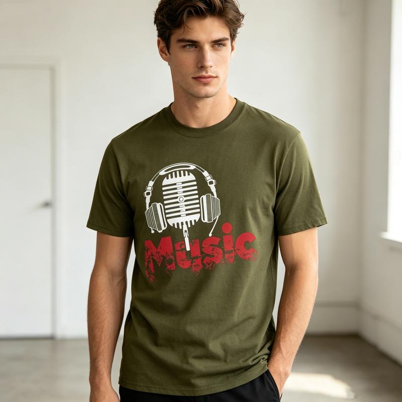 Music Graphic T Shirt Vintage Microphone Headphones Print Unisex Soft Cotton Crew Neck Short Sleeve Trendy Casual Tops