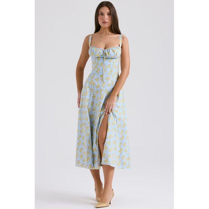 

House of French Pastoral Sling Dress Drawstring Blue bottom flower (hairline bone)(High quality) L