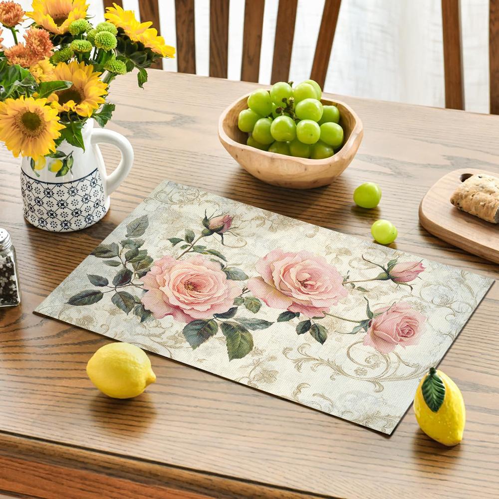 4pcs Elegant Pink Roses Shabby Chic Placemats - Vintage Floral Table Mats with Soft Pink Roses & Green Foliage on, Rectangular Linen