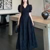 Plus Size Elegant Hollow Patchwork Black Dress, Short Sleeve, French Style, Waist-Cinching Slimming