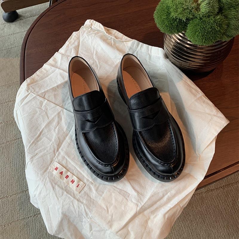 Small Leather Shoes Women's Retro British Style Single Shoes Leather Single Shoes Thick Heel Loafers Autumn and Winter New Models Explosion