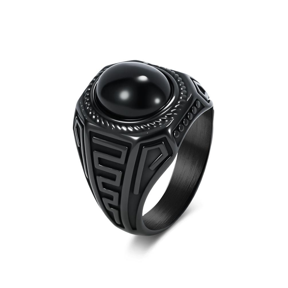 Qianfeng Jewelry Retro Trend Titanium Steel Black Gemstone Ring Men's Literary Niche High-end Index Finger Ring