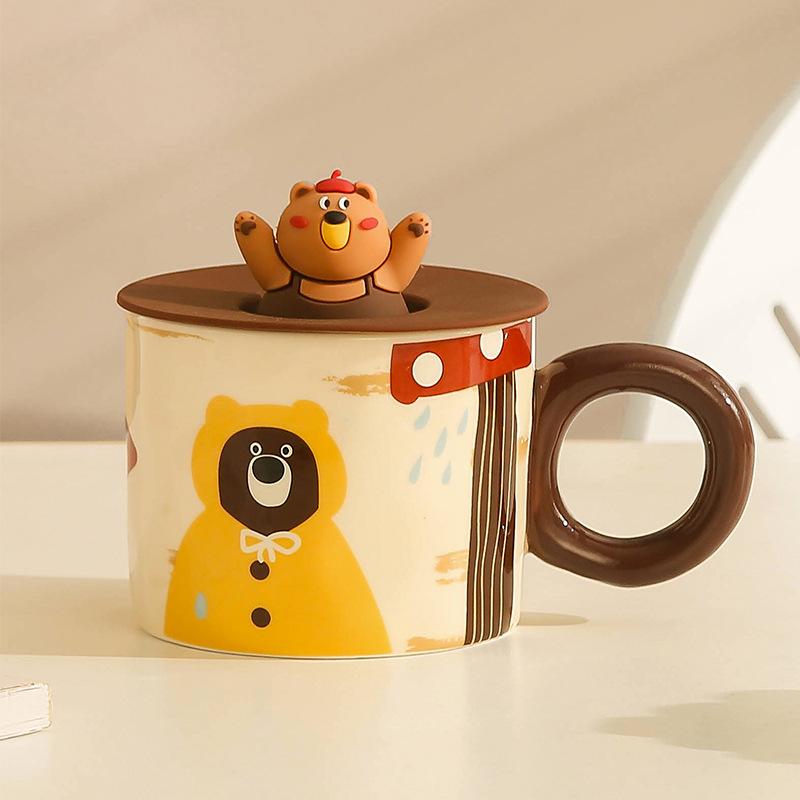 The shopkeeper recommends retro cartoon bear mug creative cute ceramic cup Kaeva women's water cup with lid gift