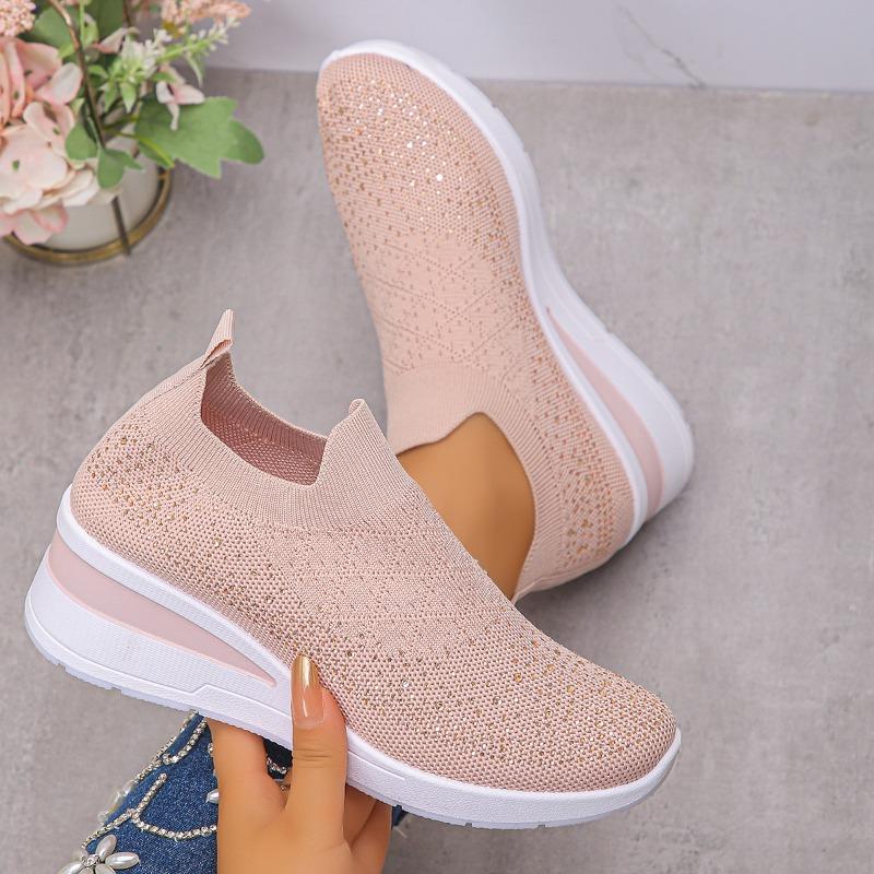 Women's Slip-On Crystal Sneakers Breathable Knitted Plus Size 36-43Casual Wedge Running Shoes Women Comfort Sports Walking Shoes