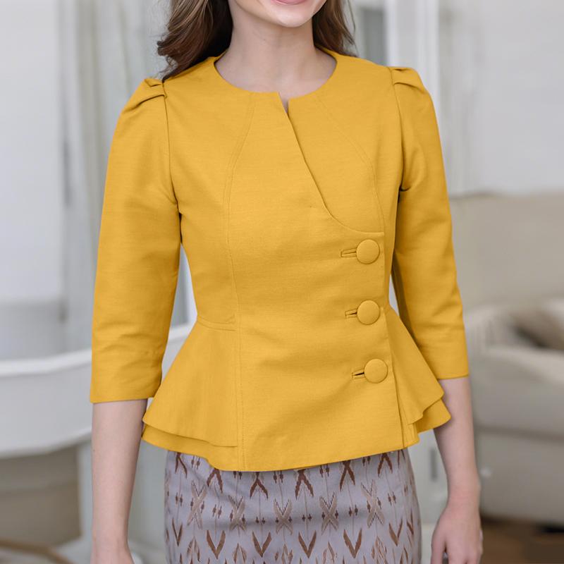 

ZANZEA Женская повседневная блузка с круглым вырезом и рукавами 3/4, однотонная S жёлтый