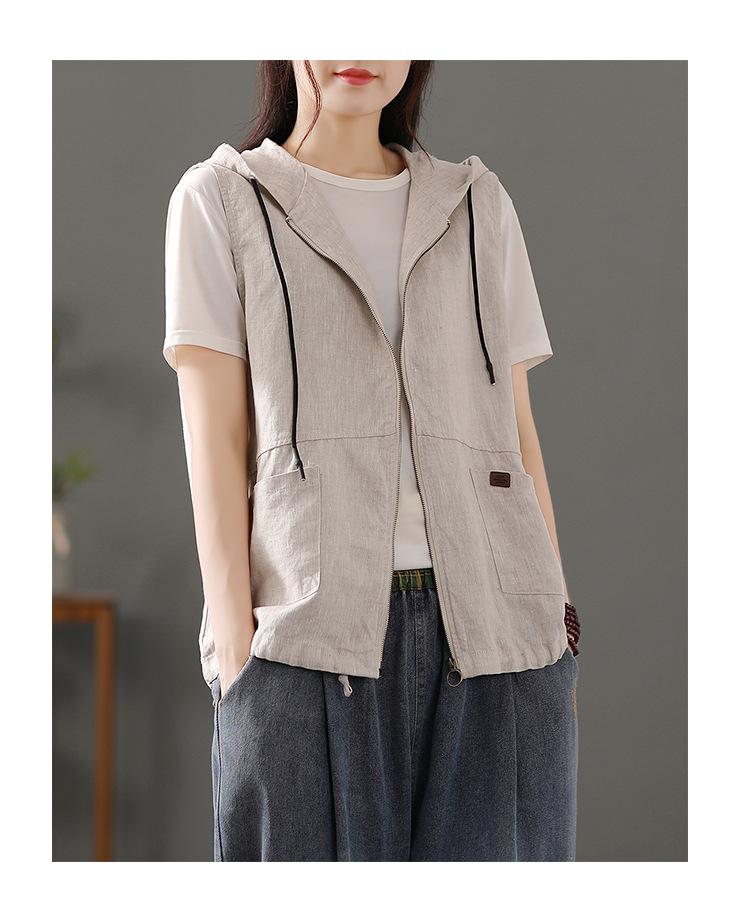 Women S Casual Linen Blend Hooded Sleeveless Zip Up Vest