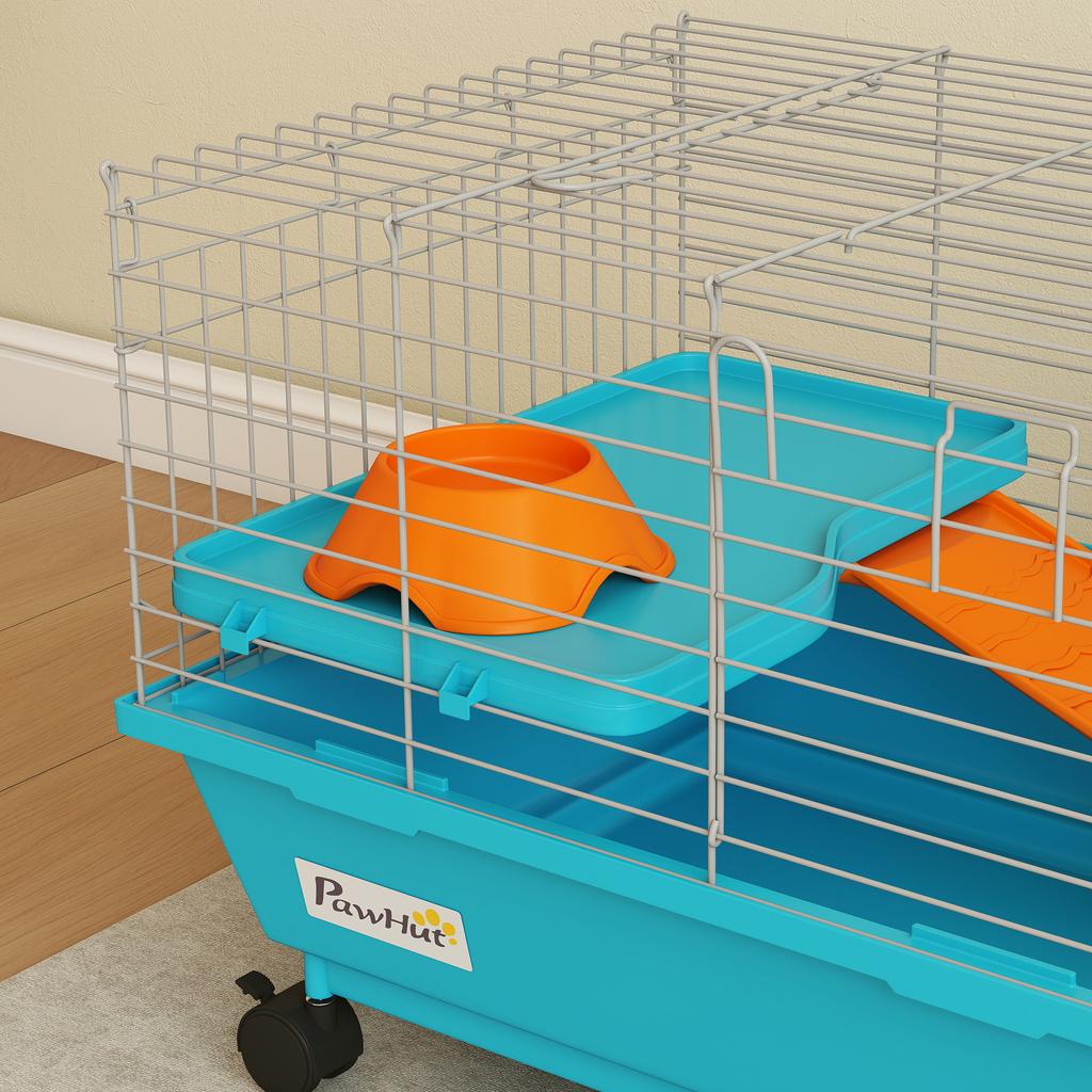 Small Animal Cage with Wheels, Bottle Feeder, Hay Dispenser for Rabbits and Guinea Pigs, 89x44x43 Cm, Blue