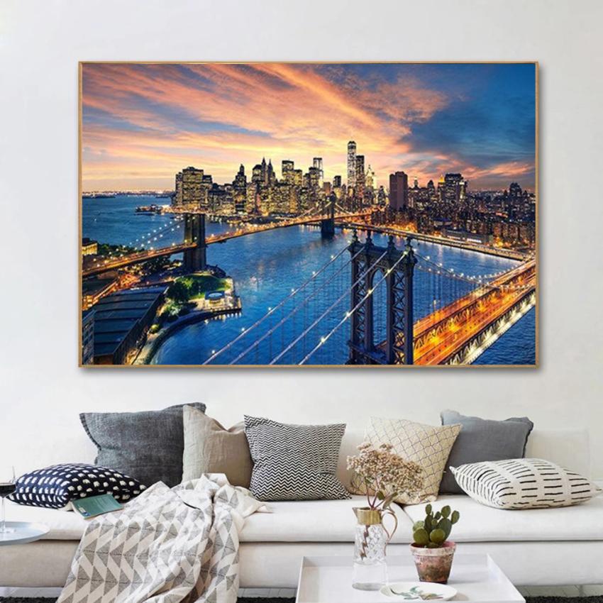 New York City Brooklyn Bridge Manhattan Sunset Poster Wall Art Painting Scandinavian Nordic Living Room Home Decoration Prints