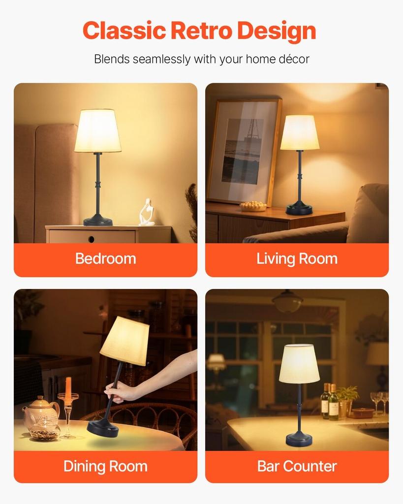 Cordless Table Lamp 2PCS Rechargeable Battery Desk Lamp Fabric Shade Black