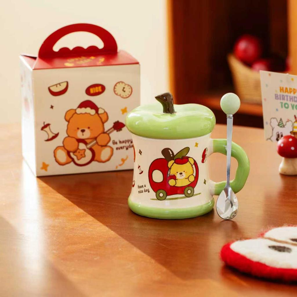 Creative Covered Ceramic Cup Apple Bear Mug Love Lover Souvenir Set Large Capacity Water Cup with Handle