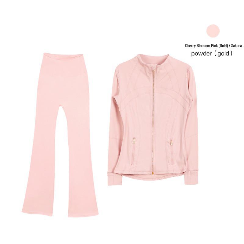 In Stock: Women's Gold Jacket & Flare Pants - High Stretch, Slimming Sports Yoga Set