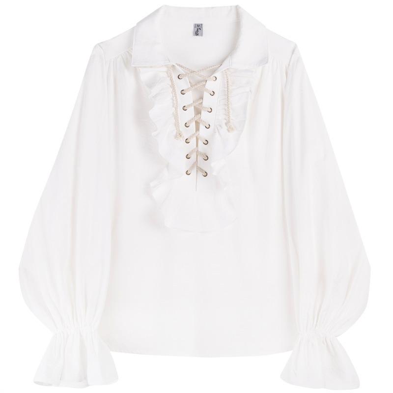 Unisex Retro Košile s Dlouhým Rukávem s Manžetami, Límcem, Volánky a Stahovací Šňůrkou - Evropský/Americký Trend Celebrity