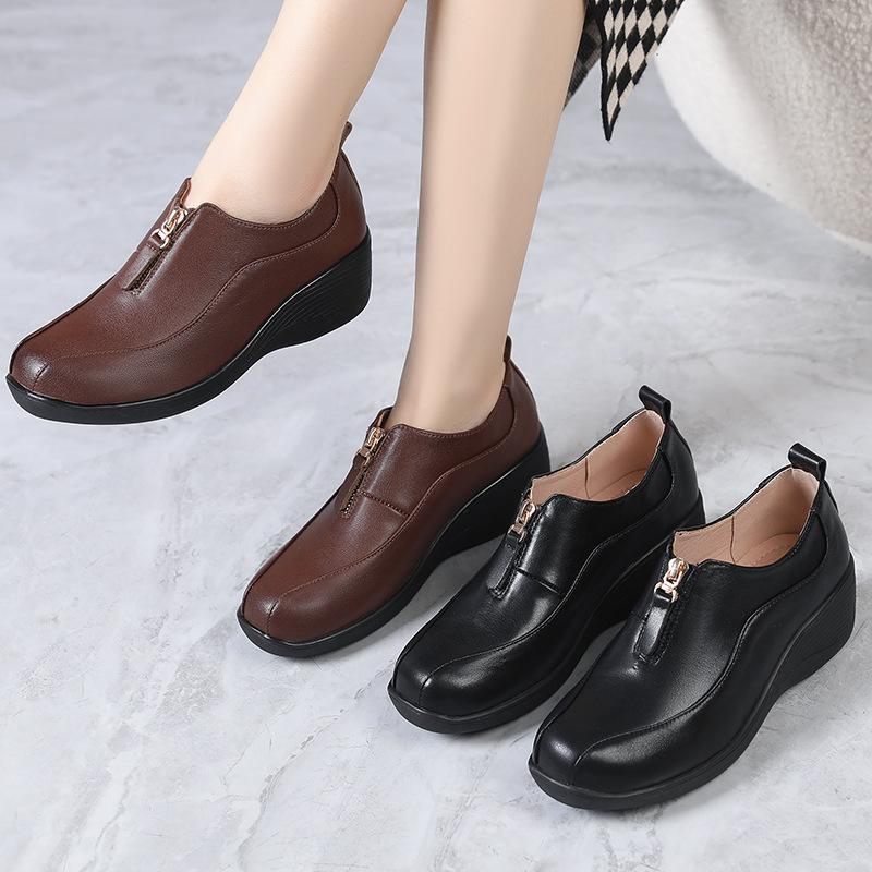 Fashion GKTINOO 2025 Autumn New Deep Mouth Real Leather Wedges Women's Shoes Soft Round Toe Front Zipper Women Mother Shoes Plus Size