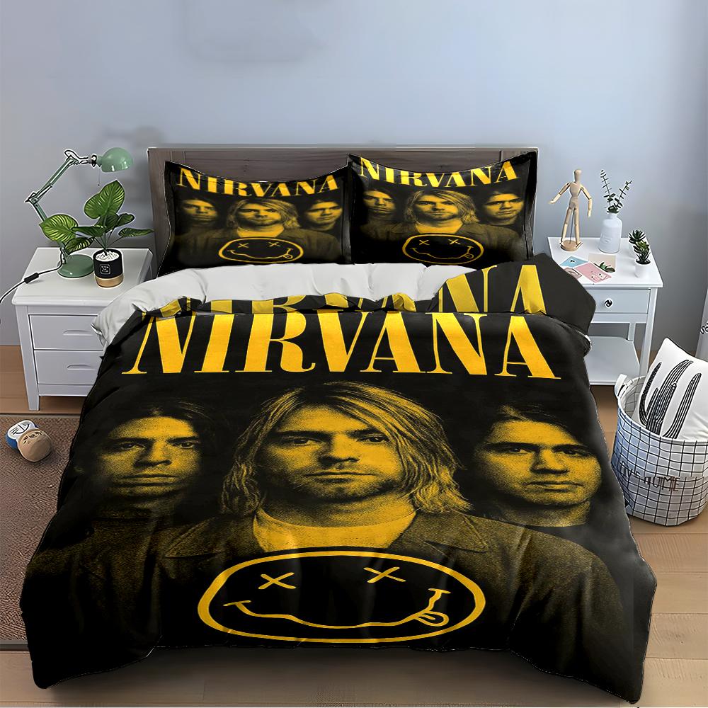 Set Biancheria da Letto Stampato Banda Nirvana Set Biancheria da Letto Nero (1 copripiumino, 2 federe, piumino non incluso)