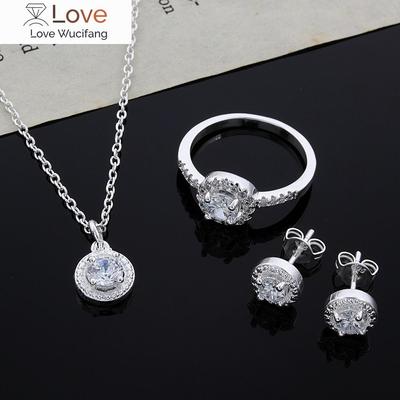 925 Sterling Silver Cute Solid Christmas Gift Noble Fashion Elegant Women Shiny Crystal CZ Necklace Earring Ring Jewelry Set