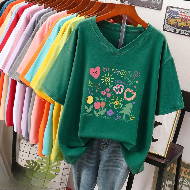 Kurzärmeliges T-Shirt, Locker sitzend, Schlankmachendes bedrucktes V-Ausschnitt-Top für Damen