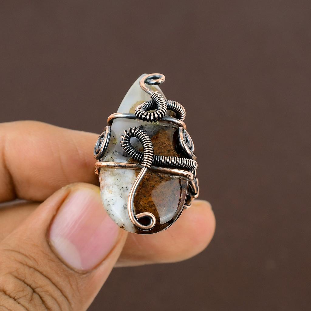 Natural Imperial Jasper Gemstone Handmade Copper Wire Wrap Ring Size 6.5 k0G53