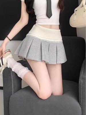 Gray Lace Knit A-line Pleated High Waist Mini Skirt with Belt for Spring/Summer