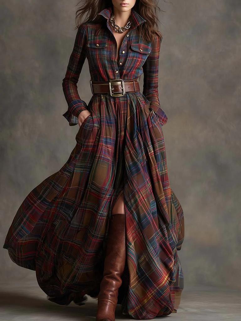 Free belt! Large size women's clothing French retro plaid thin irregular dress women's new European and American models