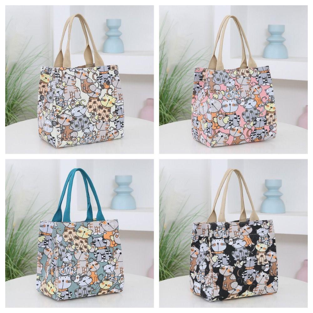 Storage Bag Portable Mommy Bag Cat Pattern Canvas Handbag Top-handle Cartoon Lunch Bags  Students