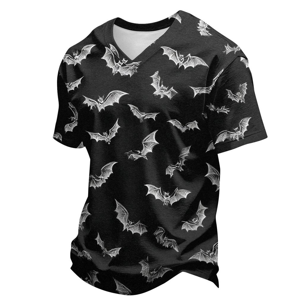 Men's Casual V Neck Lightweight Breathable Short Sleeve Top Halloween Pumpkin Scarecrow Print Summer Tee Shirt for Everyday Wear