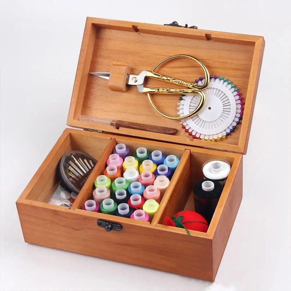 Vintage Sewing Box Pine Wooden Sewing Storage Box Sewing Organizer Needle Thread Storage Case  Home