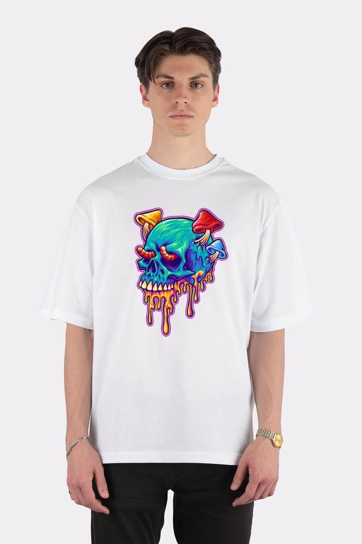 

Unisex Beyaz Oversize T-shirt Psychedelic Mushrooms Skull Dripping