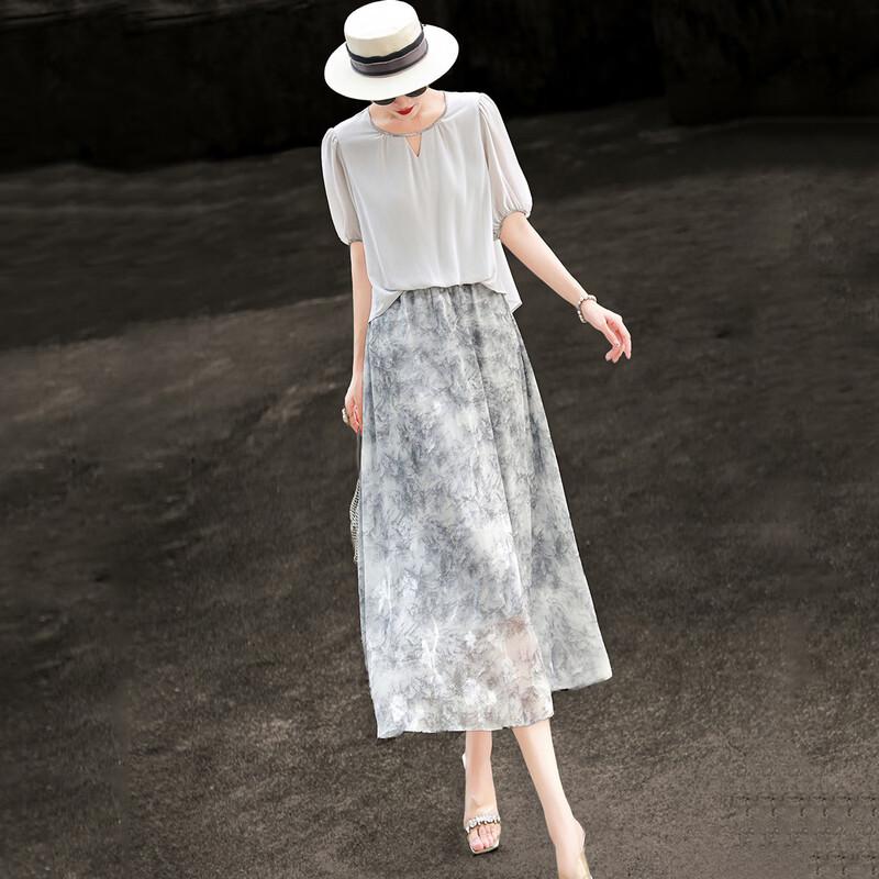 Lansere 2026 Summer Ink Print Chiffon Dress with Lantern Sleeves XL