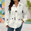 Women Plus Size Collared Neck Long Sleeve Geometric Printed White Button Front Curved Hem Shirt
