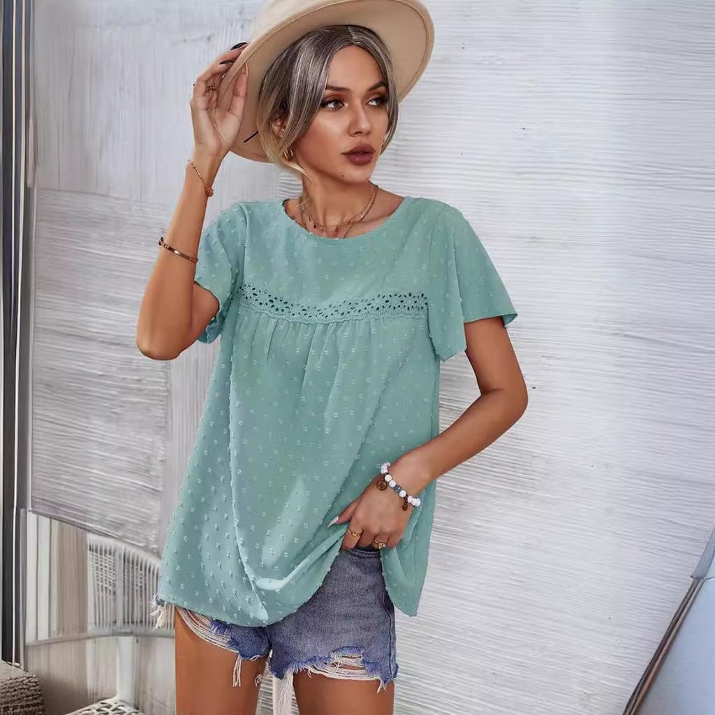 Summer Women's Loose Casual T-Shirt, European American Style Lace Crew Neck Flounce Sleeve Jacquard Dot Lace Trim Top